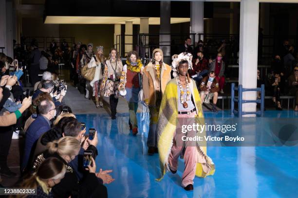 Models walk the runway during the finale at the Dsquared2 fashion show during the Milan Fashion Week Fall/Winter 2022/2023 on February 27, 2022 in...