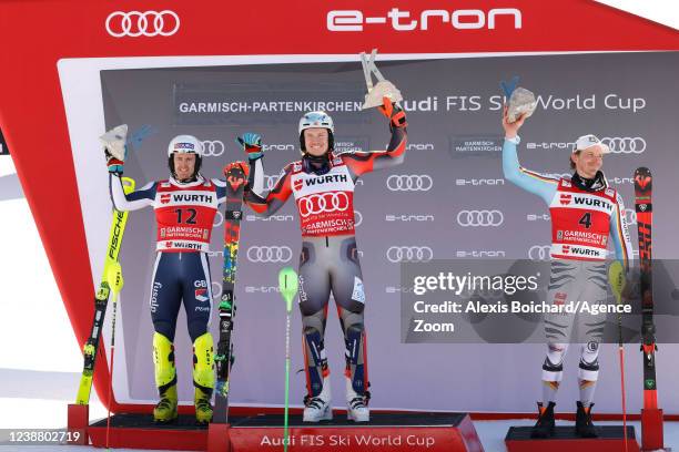 Dave Ryding of Team Great Britain takes 2nd place, Henrik Kristoffersen of Team Norway takes 1st place, Linus Strasser of Team Germany takes 3rd...