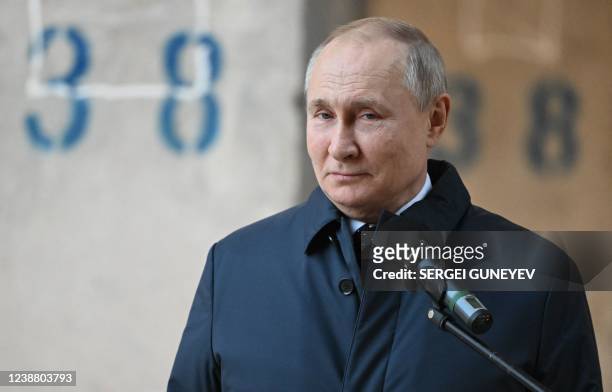 Russian President Vladimir Putin visits the National Space Centre construction site in Moscow on February 27, 2022.