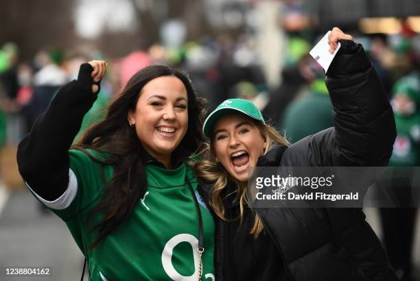 Dublin , Ireland - 27 February 2022; Ireland supporters Emma Toland and Julie Plunkett from Skerries, Dublin before the Guinness Six Nations Rugby...