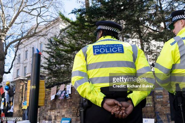 As the Russian invasion of Ukraine enters it's fourth day, protests continue outside the Russian Embassy in Notting Hill, on 27th February 2022, in...