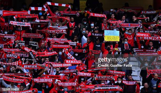 Benfica supporters showing support for Ukraine before the start of the Liga Bwin match between SL Benfica and Vitoria Guimaraes SC at Estadio da Luz...