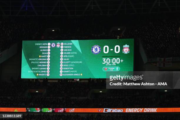 The Scoreboard at Wembley shows the score is 0-0 after extra time in the Carabao Cup Final match between Chelsea and Liverpool at Wembley Stadium on...