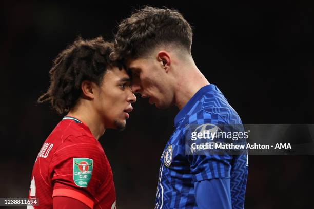 Trent Alexander-Arnold of Liverpool and Kai Havertz of Chelsea clash during the Carabao Cup Final match between Chelsea and Liverpool at Wembley...