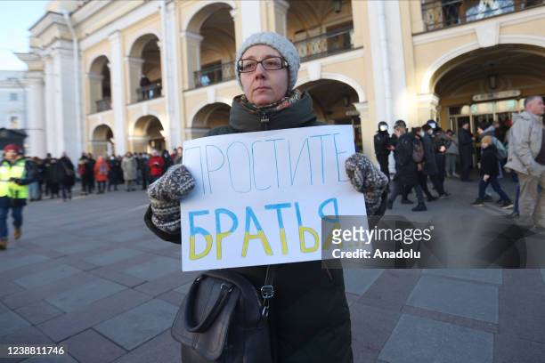 People gather to stage anti-war protest in Saint-Petersburg, Russia on February 27, 2022.