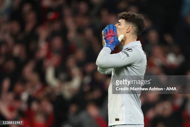 Dejected Kepa Arrizabalaga of Chelsea after missing his penalty meaning Liverpool win the Carabao Cup Final match between Chelsea and Liverpool at...