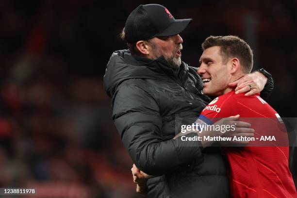 Jurgen Klopp the manager / head coach of Liverpool and James Milner of Liverpool during the Carabao Cup Final match between Chelsea and Liverpool at...