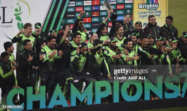 Lahore Qalandars' players celebrate the victory in the final of the Pakistan Super League Twenty20 cricket match between Lahore Qalandars and Multan...