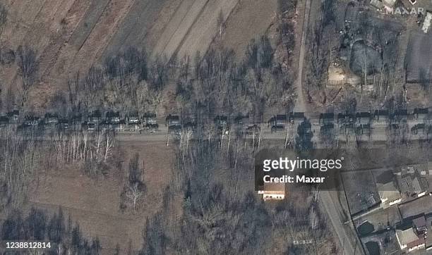 Large deployment of Russian ground forces, containing hundreds of military vehicles, are seen in convoy northeast of Ivankiv, Ukraine on February 27,...