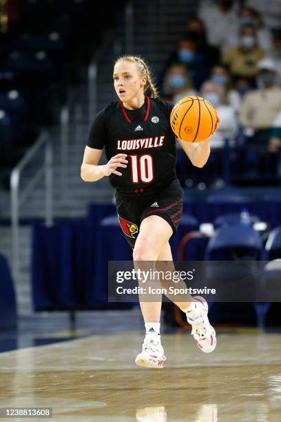 Louisville Cardinals guard Hailey Van Lith brings the ball up court in the first half of play during a womens college basketball game between the...