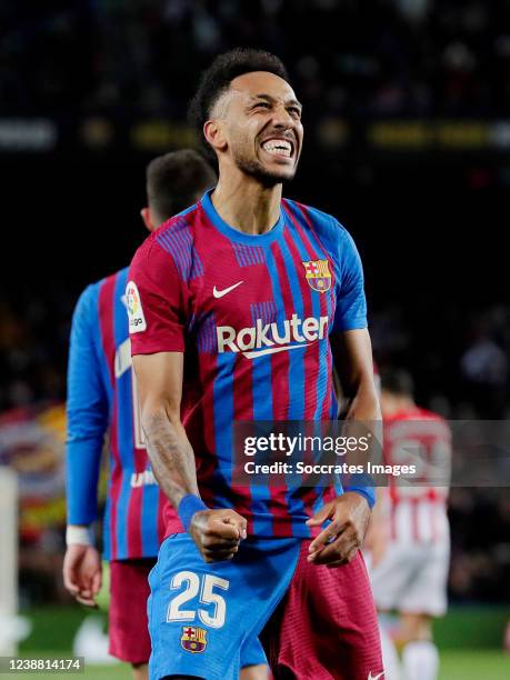 Pierre Emerick Aubameyang of FC Barcelona celebrates 1-0 during the La Liga Santander match between FC Barcelona v Athletic de Bilbao at the Camp Nou...