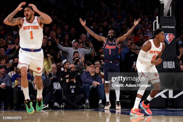 James Harden of the Philadelphia 76ers reacts along with Obi Toppin of the New York Knicks and RJ Barrett of the New York Knicks during the second...