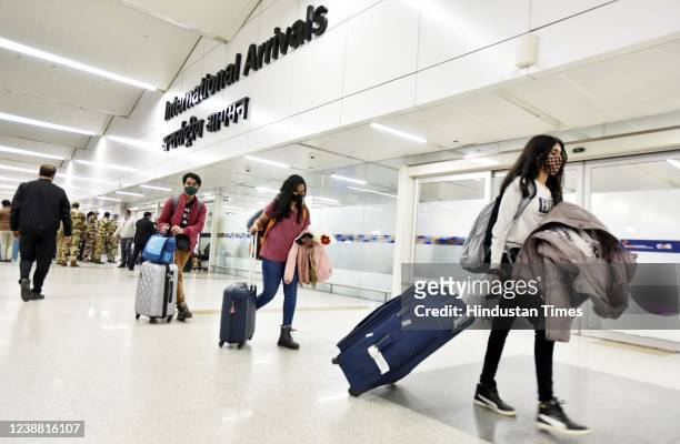 Indian students arrived from Ukraine amid the Russia-Ukraine conflict, at Terminal 3, Indira Gandhi International airport, on February 27, 2022 in...