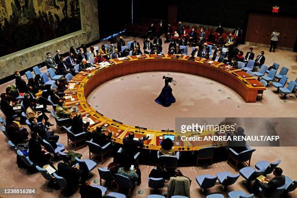 The United Nations Security Council meets at the UN Headquarters in New York City on February 27, 2022. - The United Nations Security Council voted...