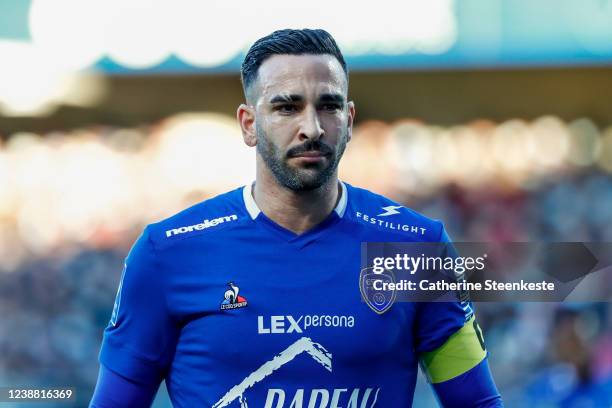 Adil Rami of ESTAC Troyes looks on during the Ligue 1 Uber Eats match between ESTAC Troyes and Olympique de Marseille at Stade de l'Aube on February...