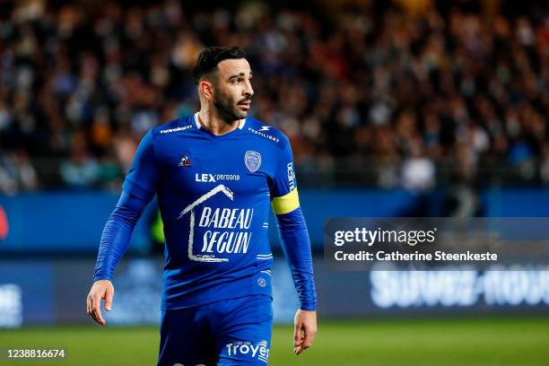 Adil Rami of ESTAC Troyes looks on during the Ligue 1 Uber Eats match between ESTAC Troyes and Olympique de Marseille at Stade de l'Aube on February...