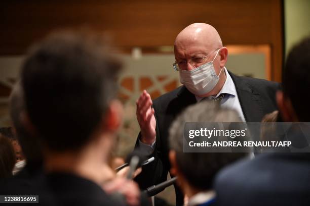 Russia's Ambassador to the United Nations Vassily Nebenzia speaks following the United Nations Security Council meeting at the UN Headquarters in New...