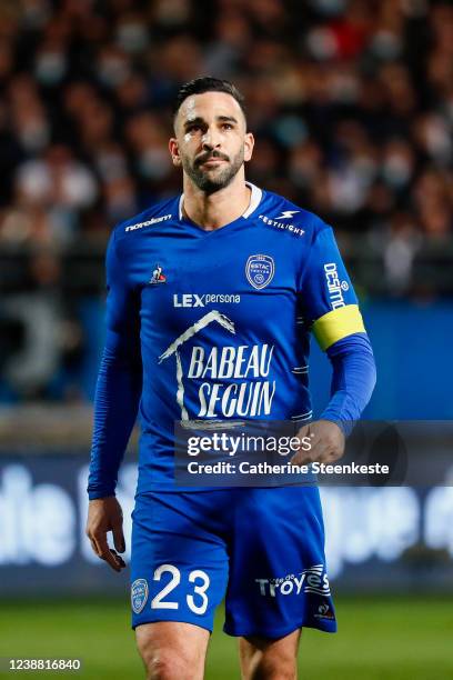 Adil Rami of ESTAC Troyes looks on during the Ligue 1 Uber Eats match between ESTAC Troyes and Olympique de Marseille at Stade de l'Aube on February...