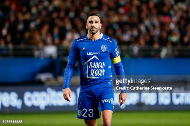 Adil Rami of ESTAC Troyes looks on during the Ligue 1 Uber Eats match between ESTAC Troyes and Olympique de Marseille at Stade de l'Aube on February...