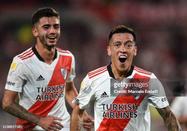 Esequiel Barco of River Plate celebrates after scoring the first goal of his team during a match between River Plate and Racing Club as part of Copa...