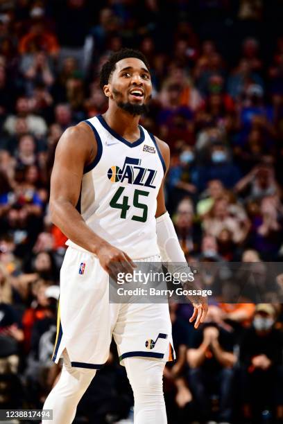 Donovan Mitchell of the Utah Jazz smiles during the game against the Phoenix Suns on February 27, 2022 at Footprint Center in Phoenix, Arizona. NOTE...