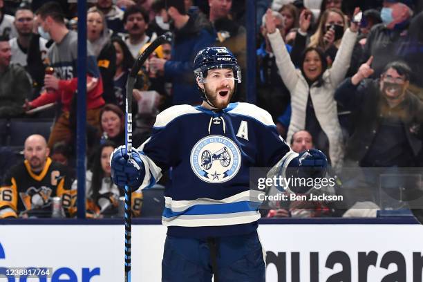 Oliver Bjorkstrand of the Columbus Blue Jackets celebrates his first period goal against the Pittsburgh Penguins at Nationwide Arena on February 27,...