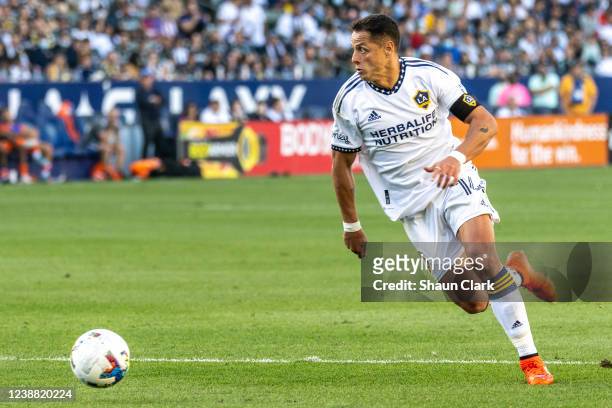 Javier Hernandez of Los Angeles Galaxy breaks in on goal during the match against New York City FC at the Dignity Health Sports Park on February 27,...