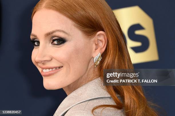 Actress Jessica Chastain arrives for the 28th Annual Screen Actors Guild Awards at the Barker Hangar in Santa Monica, California, on February 27,...