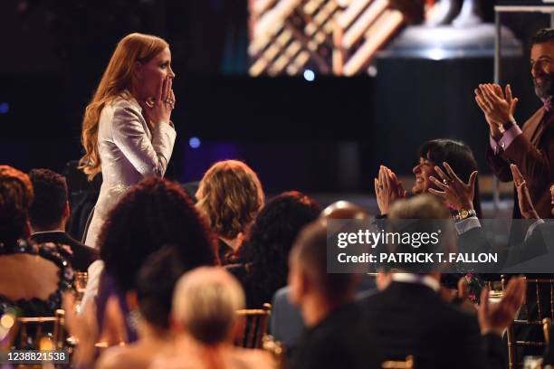 Actress Jessica Chastain reacts after winning the award for Outstanding Performance by a Female Actor in a Leading Role during the 28th Annual Screen...