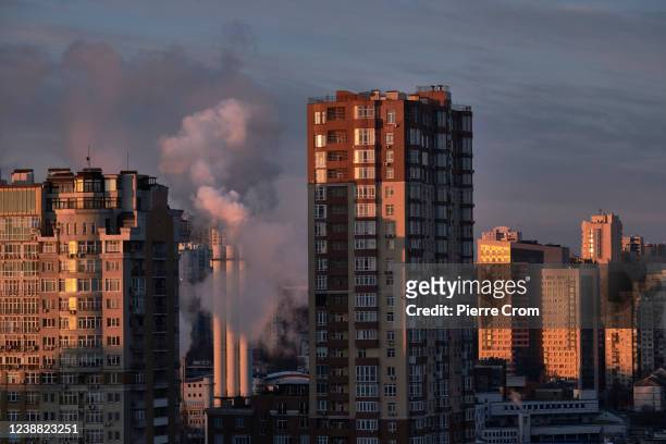 View of Kyiv during a curfew in the early morning with steam from a heating plant on February 28, 2022 in Kyiv, Ukraine. As Russia’s large-scale...