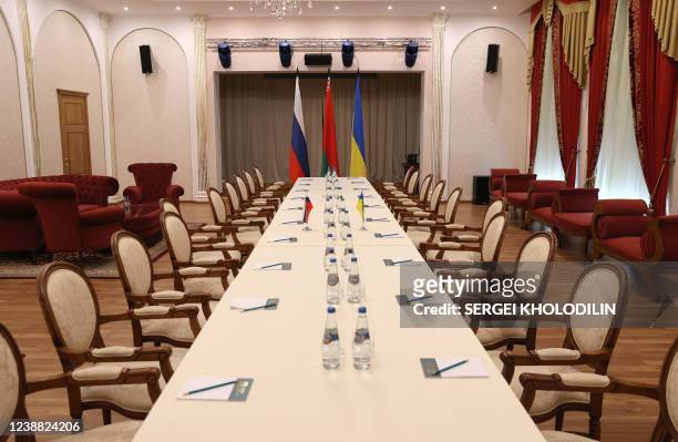 View of the venue that will host talks between delegations from Ukraine and Russia in Belarus' Gomel region on February 28 following the Russian...