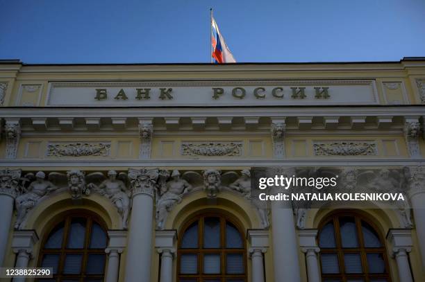 View of the Russian Central Bank headquarters in downtown Moscow on February 28, 2022. - Russia's central bank announced on February 28, 2022 it was...