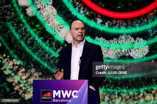 Vodafone chief executive officer Nick Read delivers a speech on the opening day of the MWC in Barcelona on February 28, 2022. - The world's biggest...