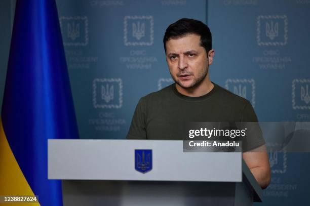 Ukrainian President Volodymyr Zelensky makes a speech in Kyiv, Ukraine on February 28, 2022.