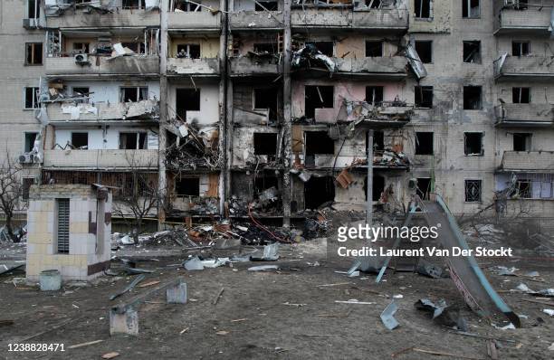 View of bomb damage to a façade of a ten-storey building on February 25,2022 in the Kharkivsky district of Kiev, Ukraine . Yesterday, Russia began a...