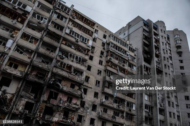 View of bomb damage to a façade of a ten-storey building on February 25,2022 in the Kharkivsky district of Kiev, Ukraine . Yesterday, Russia began a...