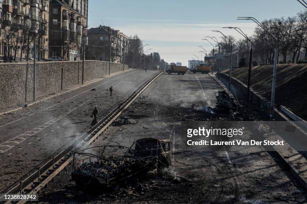 Burnt out truck allegedly belonging to a Russian commando unit on Victory Avenue on February 26,2022 in Kyiv, Ukraine. According to Ukrainian...