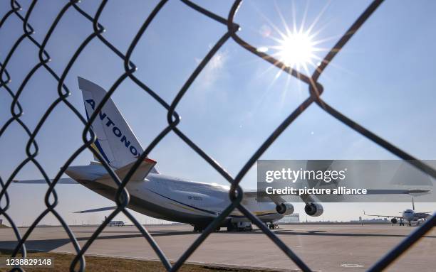 February 2022, Saxony, Schkeuditz: A Ukrainian Antonov An-124 is parked at Leipzig/Halle Airport. The aircraft belong to Ukraine's Antonov Airlines...