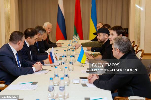 Members of delegations from Ukraine and Russia, including Russian presidential aide Vladimir Medinsky , Ukrainian presidential aide Mykhailo Podolyak...