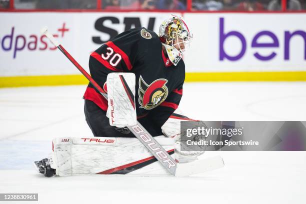 Ottawa Senators Goalie Matt Murray prepares to make a save during first period National Hockey League action between the Montreal Canadiens and...