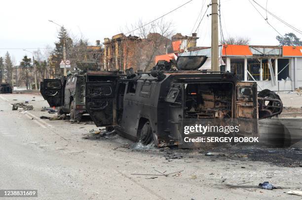 This picture shows Russian infantry mobility vehicles GAZ Tigr destroyed as a result of fight in Kharkiv, located some 50 km from Ukrainian-Russian...