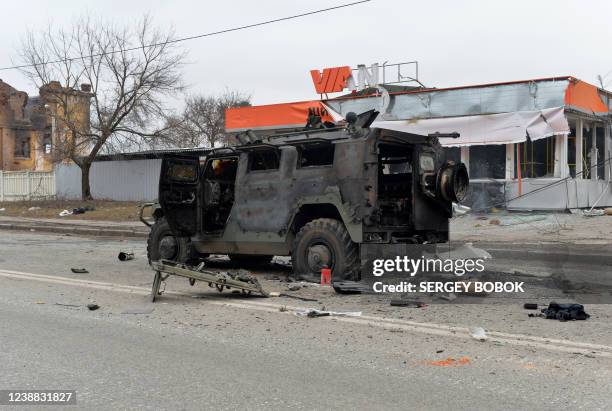 This picture shows Russian infantry mobility vehicles GAZ Tigr destroyed as a result of fight in Kharkiv, located some 50 km from Ukrainian-Russian...