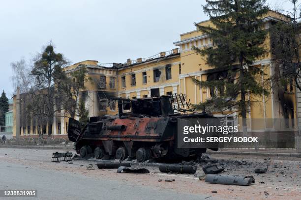 This photograph shows an Ukrainian armoured personnel carrier BTR-4 destroyed as a result of fight not far from the centre of Ukrainian city of...