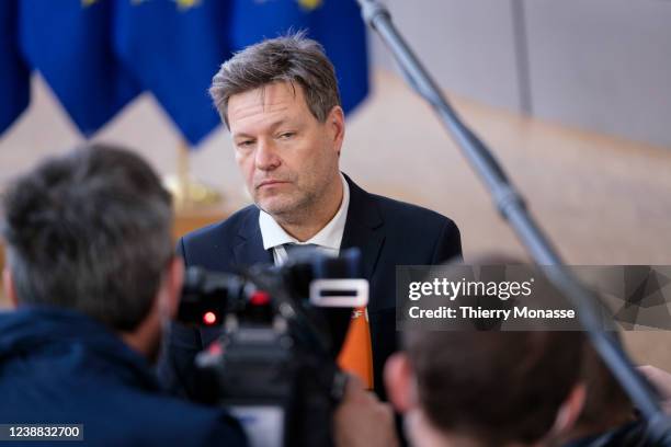 German Federal Minister for Economic Affairs and Climate Action Robert Habeck is talking to media in the Europa, the EU Council headquarter on...