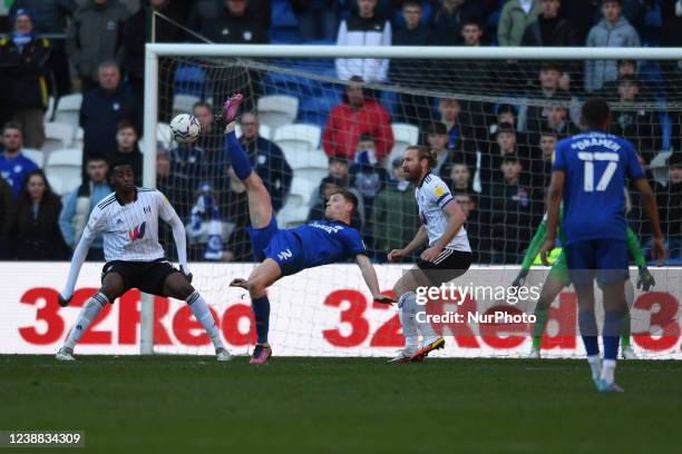 Mark McGuinness of Cardiff City attempt an overhead kick for goal during the Sky Bet Championship match between Cardiff City and Fulham at the...