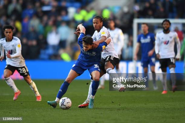Perry Ng of Cardiff City battles to hold onto possession from Bobby Decordova-Reid of Fulham during the Sky Bet Championship match between Cardiff...