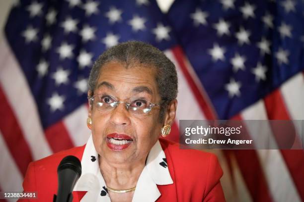 Del. Eleanor Holmes Norton speaks during a dedication ceremony for a new statue of Pierre L'Enfant at the U.S. Capitol on February 28, 2022. Pierre...