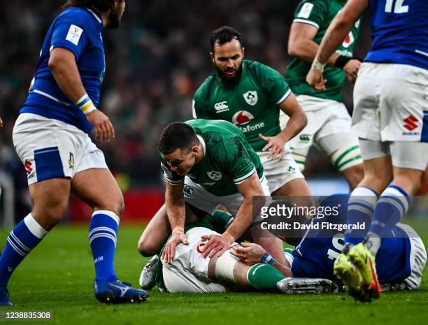 Dublin , Ireland - 27 February 2022; Jonathan Sexton of Ireland takes part in a ruck during the Guinness Six Nations Rugby Championship match between...