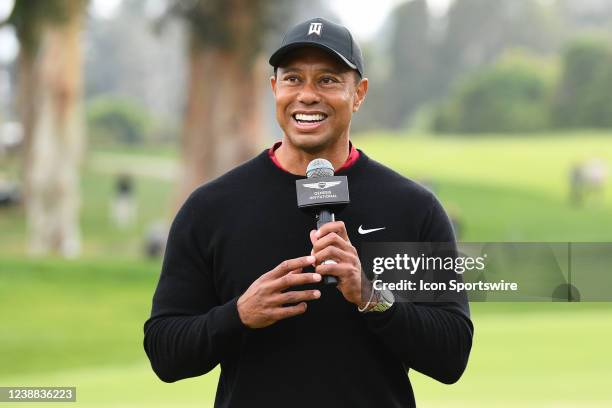 Tournament host Tiger Woods speaks after The Genesis Invitational on February 20 at Riviera Country Club in Pacific Palisades, CA.