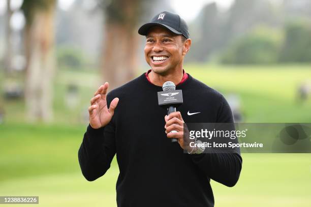 Tournament host Tiger Woods speaks after The Genesis Invitational on February 20 at Riviera Country Club in Pacific Palisades, CA.